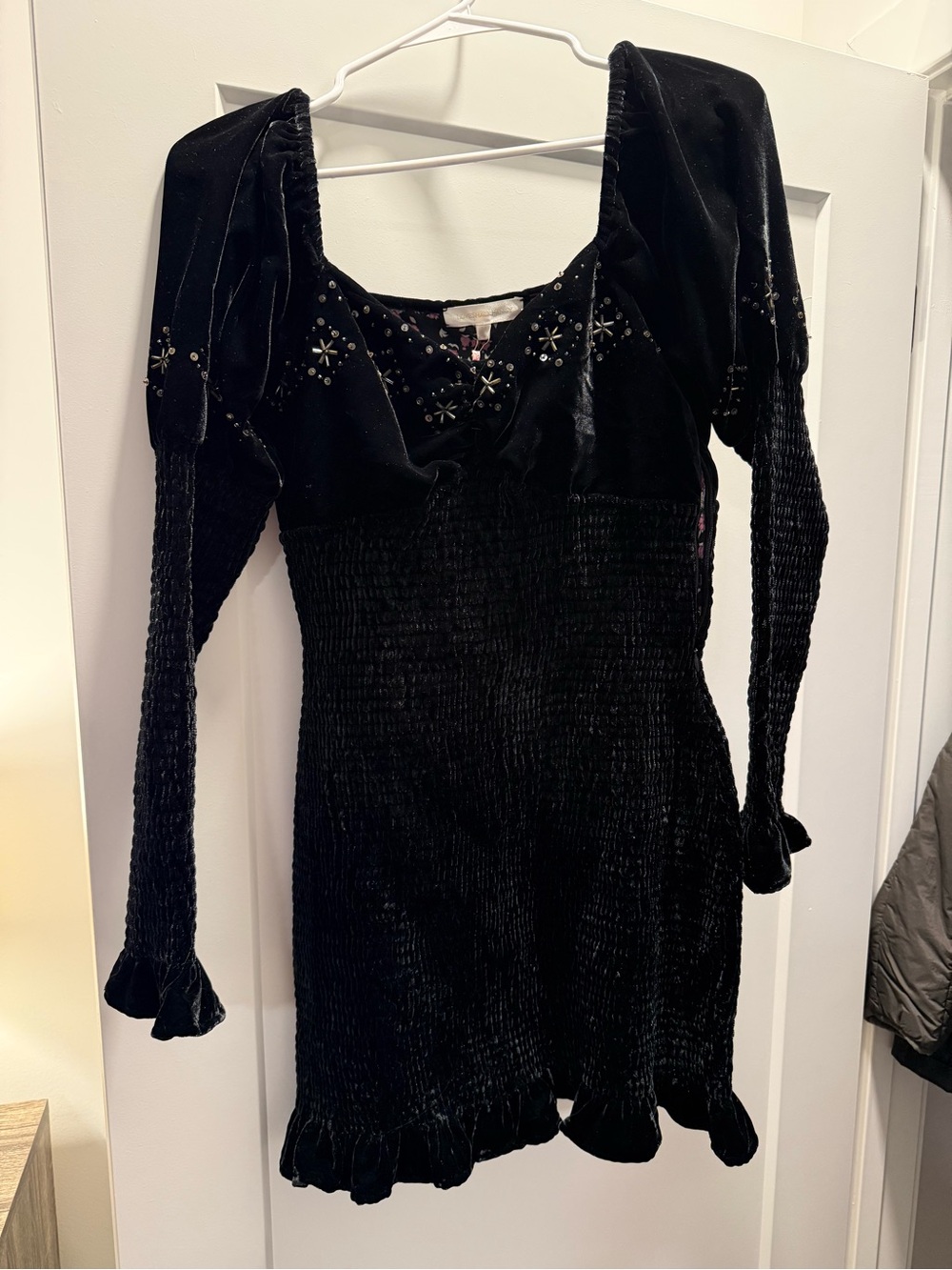 LoveShackFancy Black Velvet Long-Sleeve Smocked Mini Dress with Beaded Accents
